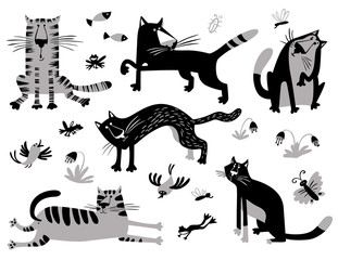 Flat cats set. Vector illustration in children's minimalistic style