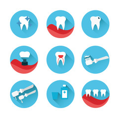 Flat style vector dental icons set on colorful web buttons showing a dentist examination caries implant toothbrush antibiotics crown filling x-ray braces and equipment
