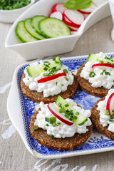 Fresh bread with cottage cheese and vegetables