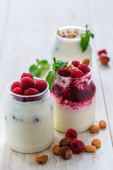 Homemade yogurt with raspberries and nuts.