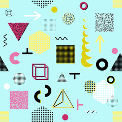 Trendy geometric elements memphis cards, seamless pattern. Retro style texture. Modern abstract design poster, cover, card design