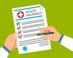 Hands with pen and medical clipboard. Clinical record, medical report, survey, insurance paper, patient case flat concept. Vector illustration