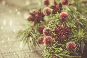 Fototapeta premium Christmas decorations on rustic wood background