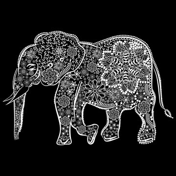 abstract white Indian elephant on a black background