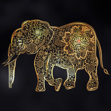 Abstract Gold Indian Elephant On A Black Background