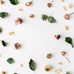 Wallpaper, texture, frame. Dry pink roses and green leaves on white background. Flat lay, top view