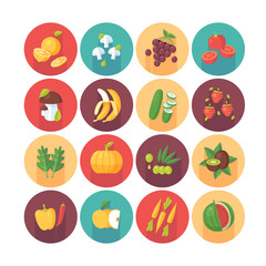 Fototapeta na wymiar Fruits and vegetables, organic vegetarian food, healthy diet icons collection. Flat vector circle icons set with long shadow. Food and drinks.