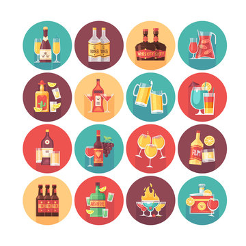 Alcoholic drinks and beverage icon collection. Flat vector circle icons set with long shadow. Food and drinks.