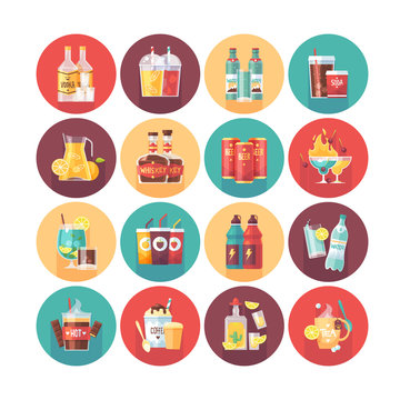 Drink and beverage icon collection. Flat vector circle icons set with long shadow. Food and drinks.