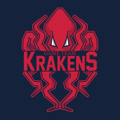 Modern professional logo for sport team. Kraken mascot. Octopus, vector symbol on a red background.