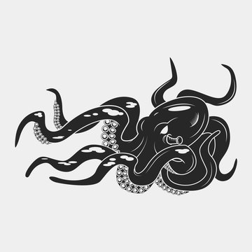 Black danger cartoon octopus characters. Swimming underwater, isolated on white. Tattoo or pattern to t-shirt, poster logo, vector illustration