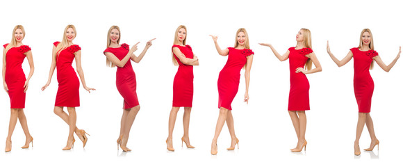 Woman in red dress isolated on white