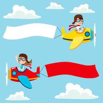 Little pilot kids on airplane with white and red blank banner