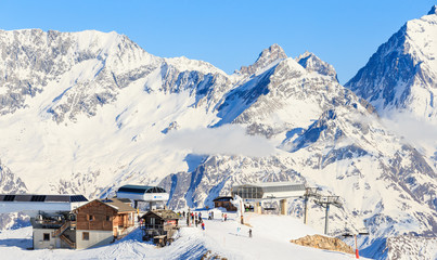 View of snow covered Courchevel slope in French Alps