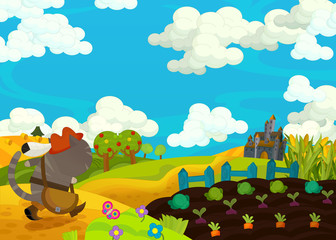 Cartoon scene - cat traveling to the castle on the hill - illustration for children