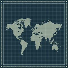 Dotted world map over blueprint background