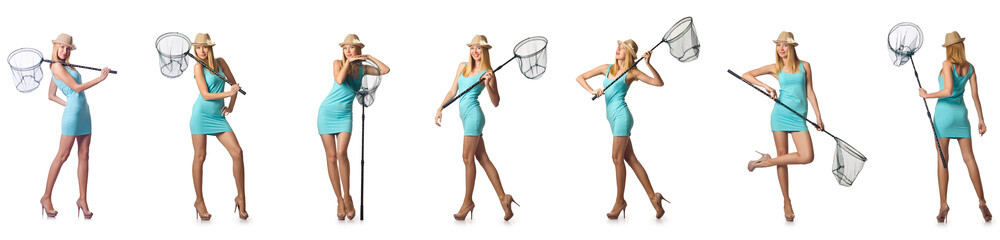 Woman with catching net isolated on white