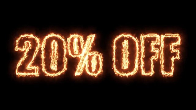 20 percent off burning text in hot fire on black background in 4k ultra hd