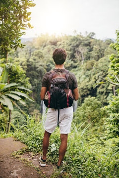 Man looking at waterfall in forest.