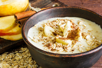 Oatmeal with apple and cinnamon in the bowl