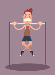 Young man doing exercises on horizontal bar