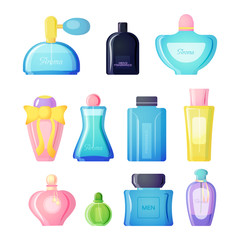 Set of vector perfume fashion container smell spray. Vector illustration perfume shop symbols elegant merchandise gift. Beauty liquid luxury fragrance aroma perfume bottle aromatherapy.