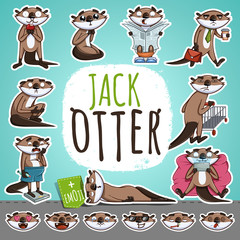 Cartoon Otter Character. Emoticon Stickers With Different Emotions. Vector Illustration.