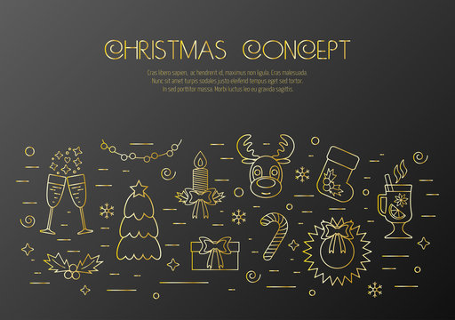 Christmas black concept with decorated Christmas gold elements and attributes in a thin line for prints. Flat design. Vector