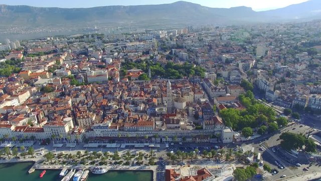 Aerial view of old town Split city center with Diocletian palace