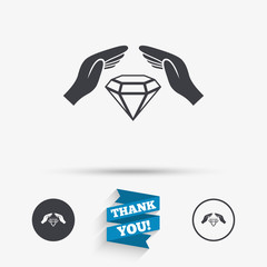 Jewelry insurance sign. Hands protect diamonds.