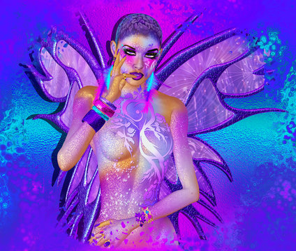Butterfly Fairy in purple with glittering body paint makeup, short hairstyle and feathers. A 3d illustration great for fantasy and imagination themes.