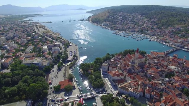 Aerial shoot of Trogir old town. Croatian tourist destination.