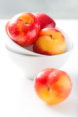sweet, organic red and yellow plums in a white bowl, isolated on white table by the window, close up, vertical