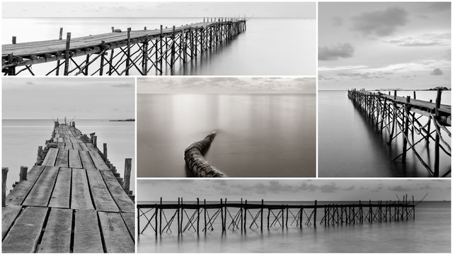 Photo collage with black and white photography of beach wooden pier
