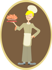 Drawn colorful chef with smile and big chocolate cakes on the brown background