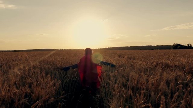Boy with a superman cape stands in a golden fields looking to the horizon