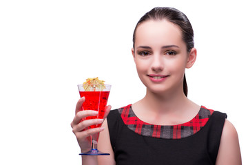 Woman with red cocktail isolated on white