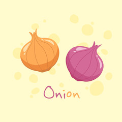 Onion and Red Onion vegetable vector illustration isolated on yellow background.