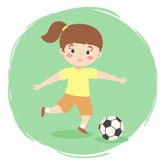 Vector illustration of kid want to kick the ball isolated on green white background.