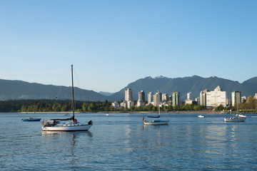 Fototapeta na wymiar evening time in Kitsilano Dog Beach, Vancouver, British Columbia, Canada. Sailing boats are resting on the ocean while looking at the city skyline in English Bay. Sunset in English Bay.