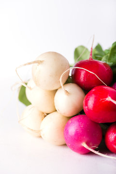 bunch of organically grown, freshly harvested, colorful Easter egg radishes, isolated over white, close up, vertical