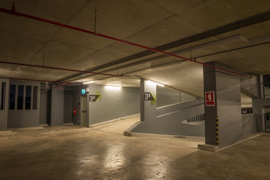 Parking garage indoors at night