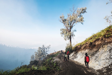 Obraz premium Hikers team walking dawn from the mountain 