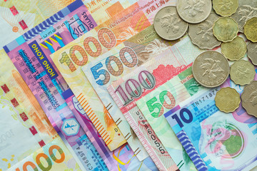 Close-up Hong Kong currency banknotes and coins