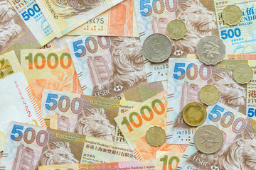 Close-up Hong Kong currency banknotes and coins