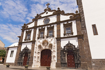 Facade of the Saint Sebastian (Igreja Matriz de Sao Sebastiao) in Ponta Delgada, Sao Miguel, Azores, Portugal. The main town church with beautiful Baroque facade.