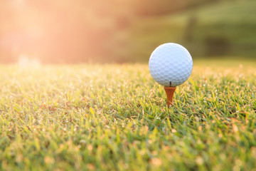 Golf ball on a tee against the golf course with copy space