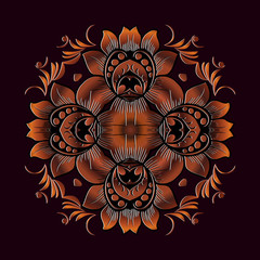 Vector gold floral round ornament for print, embroidery. ethnic  symmetrical element. embossed pattern inlay Mahogany