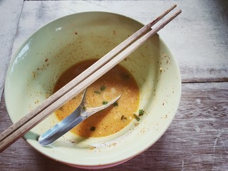 Empty noodle bowl. Noodle bowls waiting to be washed.