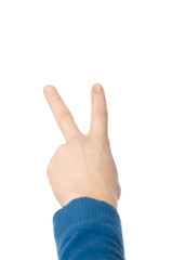 man in blue shirt gesture with his hands on white background